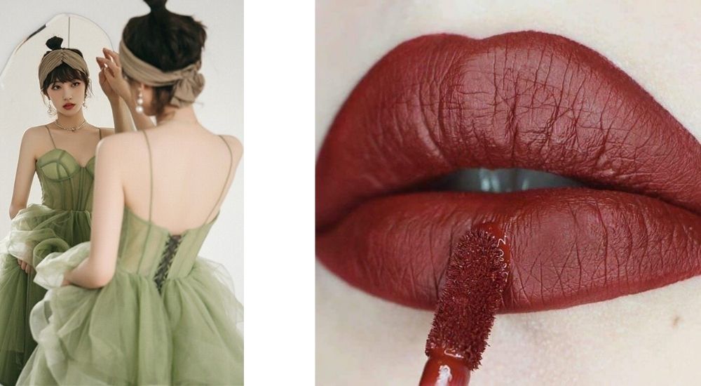 lipstick with emerald green dress