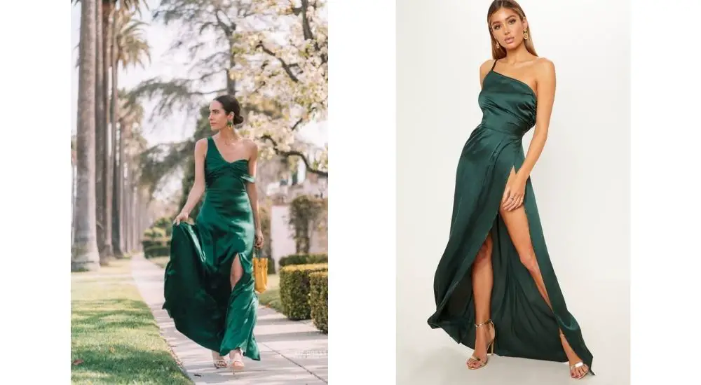 Emerald green dress with gold accessories