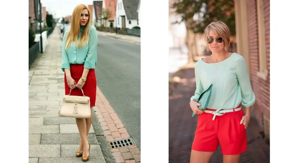 mint green and red outfit