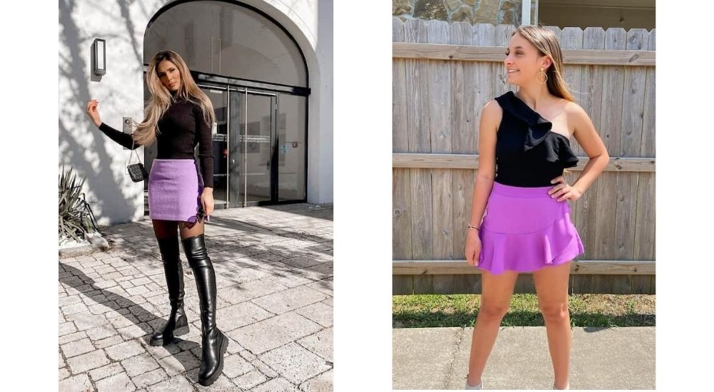 black top and purple mini skirt outfit