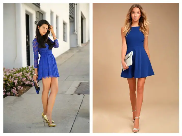 Royal blue dress with various shoe color options