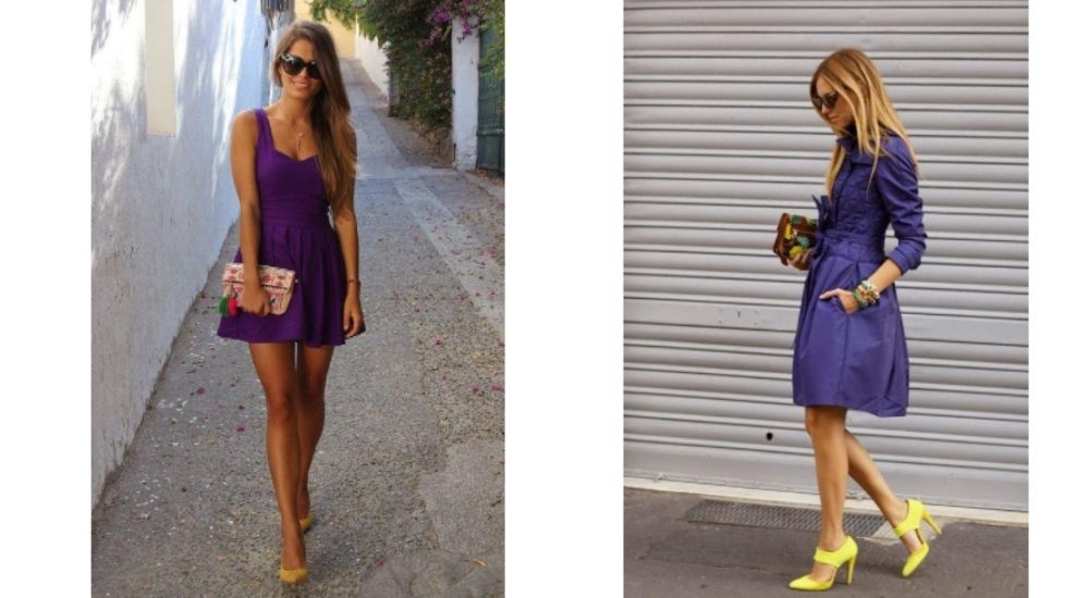 Purple dress with gold shoes