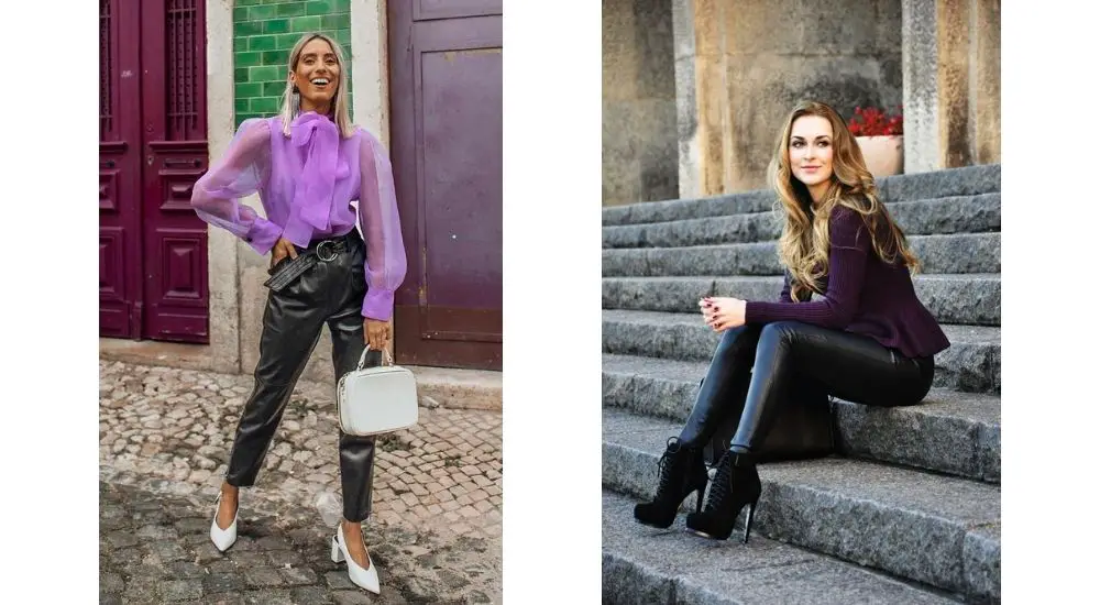 Purple top and black leather pants